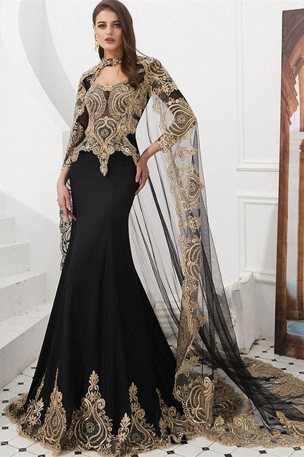 Long Sleeves Mermaid Prom Dress Gold Appliques Open Back main image 0