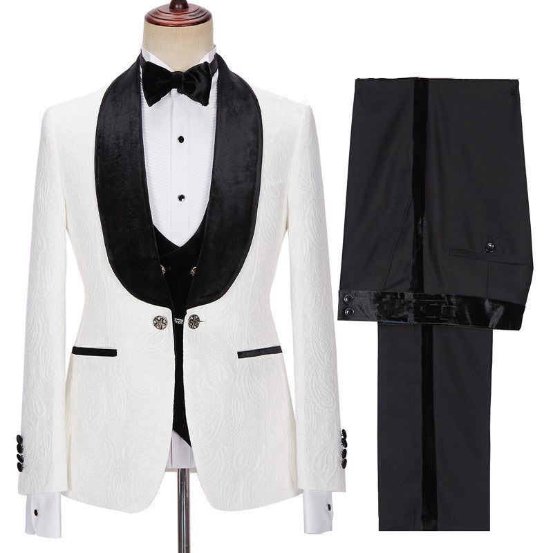 White Jacquard 3-Piece Wedding Suit with Velvet Lapel for Men New Arrival