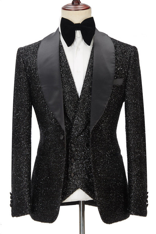 Popular Black 3 Pieces Groomsmen Tuxedos with Sparkly Shawl Lapel