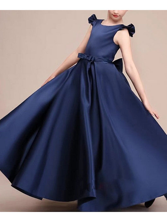 A-Line Round Neck Satin Junior Bridesmaid Dress with Bows & Ruffles
