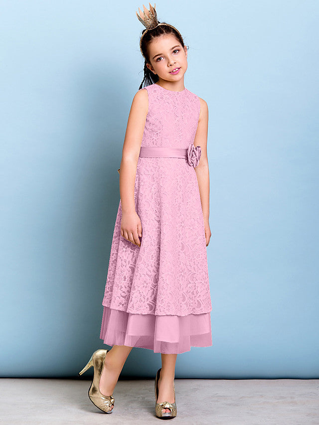 A-Line Jewel Neck Tea Length Floral Lace Junior Bridesmaid Dress with Sash & Accessories