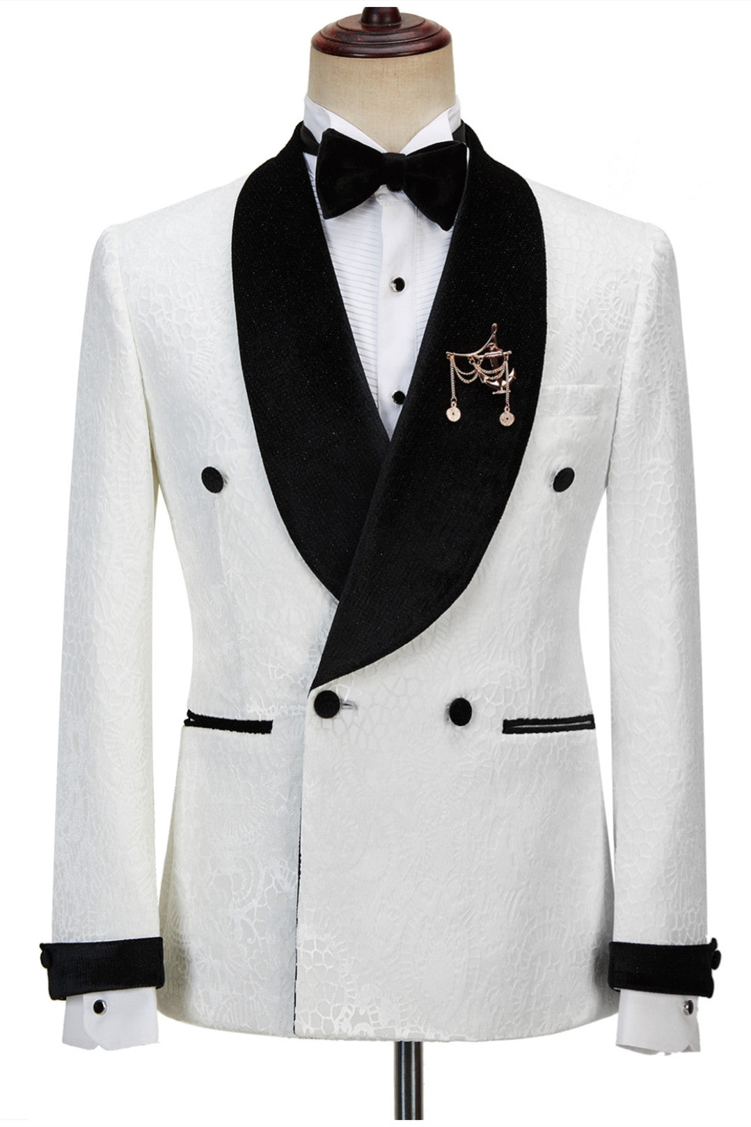Double Breasted White Sparkle Jacquard Shawl Lapel Reception Suit For Guys