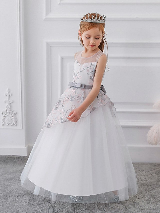 Gorgeous Sleeveless Ball Gown Flower Girl Dress with Tulle Sash Ribbon and Embroidered Bow