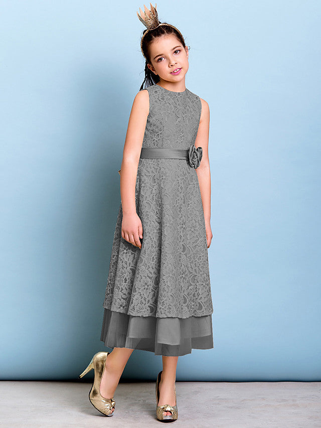 A-Line Jewel Neck Tea Length Floral Lace Junior Bridesmaid Dress with Sash & Accessories