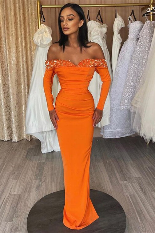 Chic Orange Strapless Mermaid Prom Dress with Long Sleeves and Sequins
