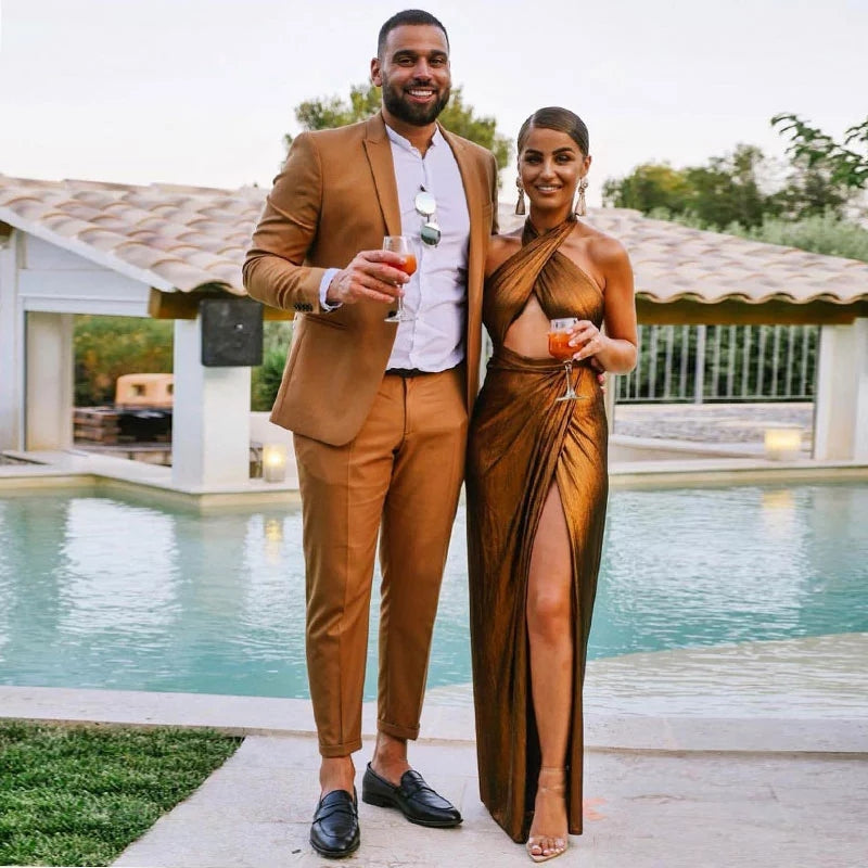Elegant Brown Suit for Groom with Peaked Lapel and One Button