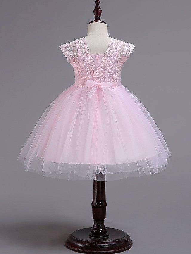 Cap Sleeve Square Neck Flower Girl Dress with Lace Tulle Cotton and Lace Belt