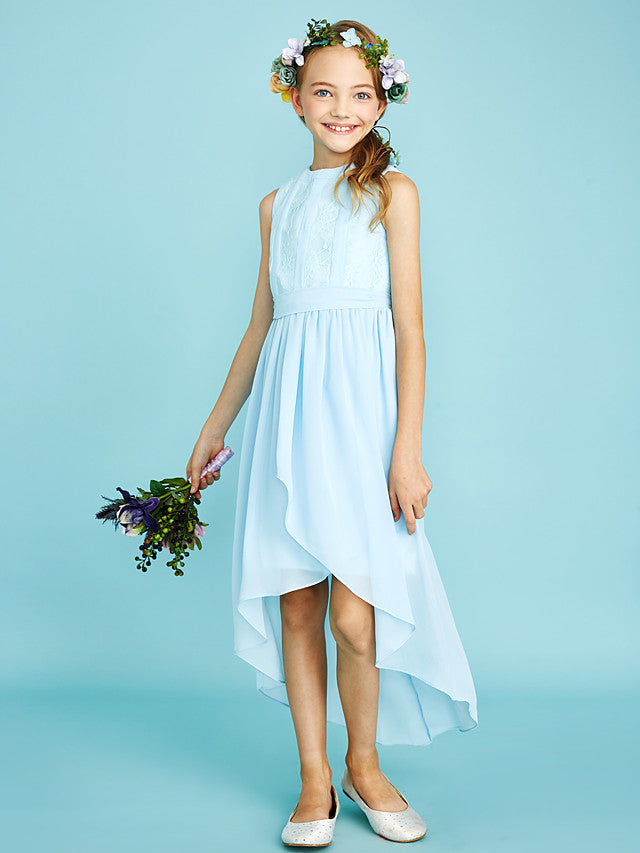 Chiffon Junior Flower Girl Dress With Pleats and Asymmetrical Neckline for Sheath Jewel Look