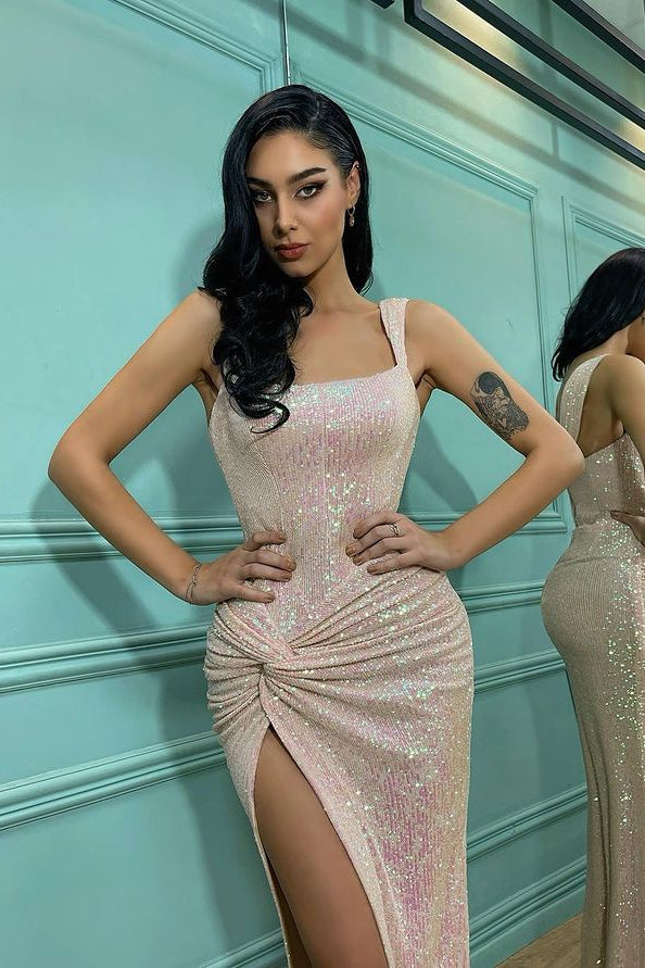 Elegant Mermaid Sequins Evening Dress with Shoulder Straps and Split