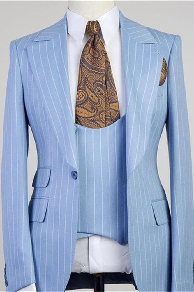 Gorgeous 3 Pieces Blue With Stripe Groomsmen Tuxedos Peaked Lapel