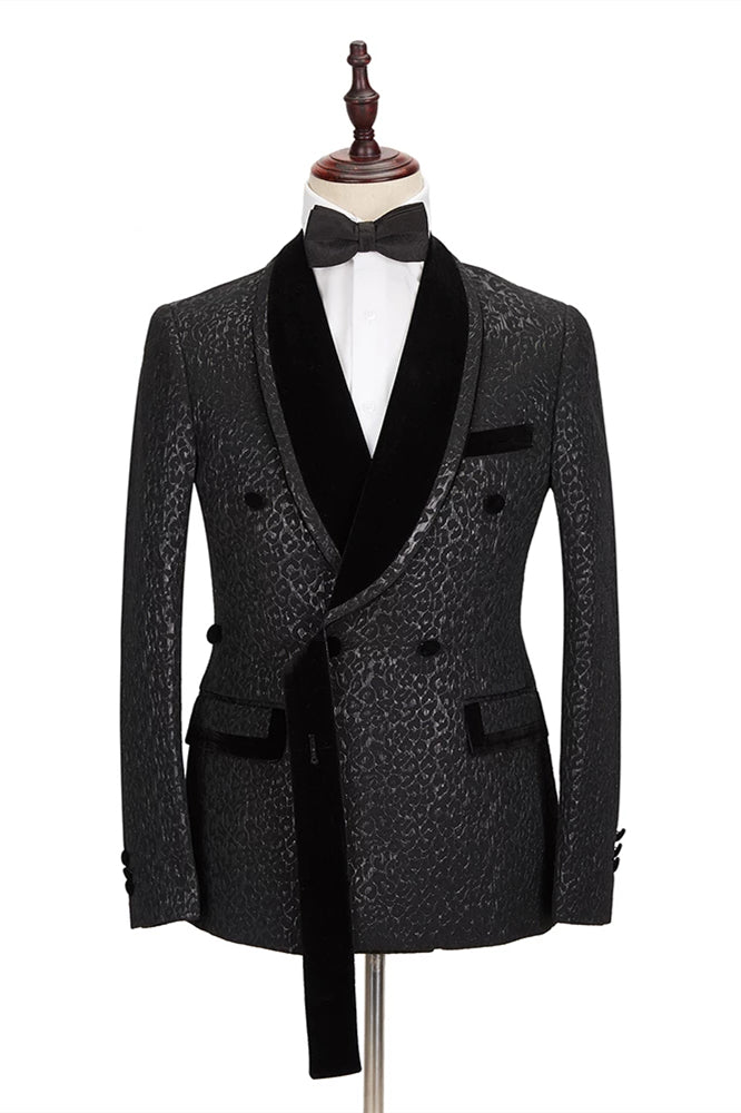 Classic Black Jacquard Velvet Lapel Belt Leopard Double Breasted Bazer for Groom