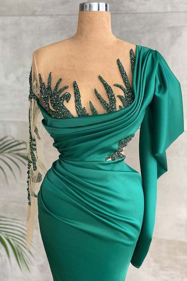 Green Long Sleeves Prom Dress With Mermaid Appliques