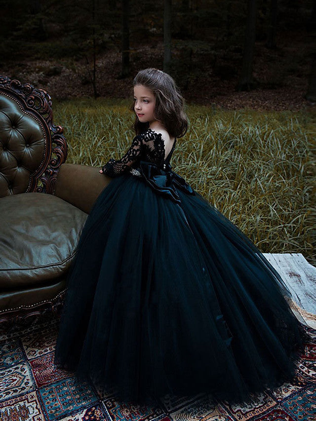 Lace Tulle Long Sleeve Jewel Ball Gown Flower Girl Dresses With Appliques