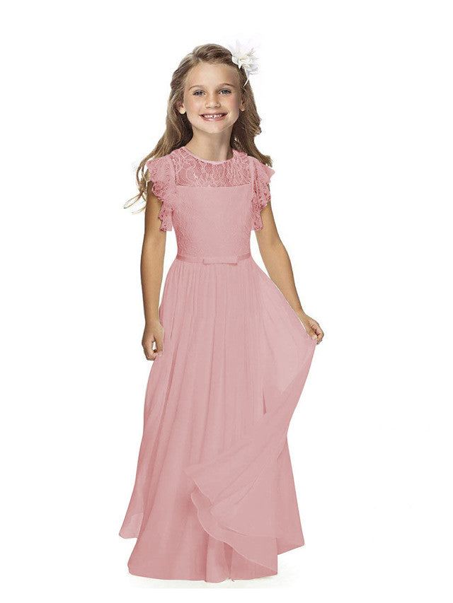Short Sleeve Jewel Neck Flower Girl Dress with Lace and Butterfly