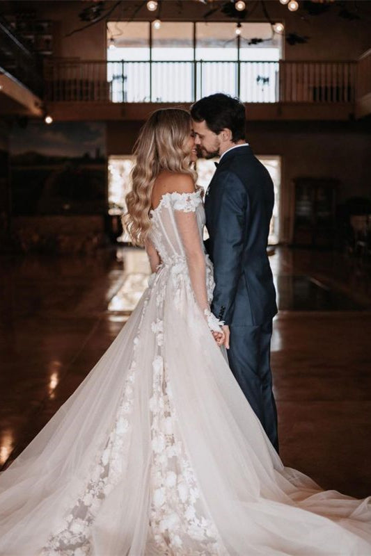 Elegant Off-The-Shoulder Lace A Line Wedding Dress