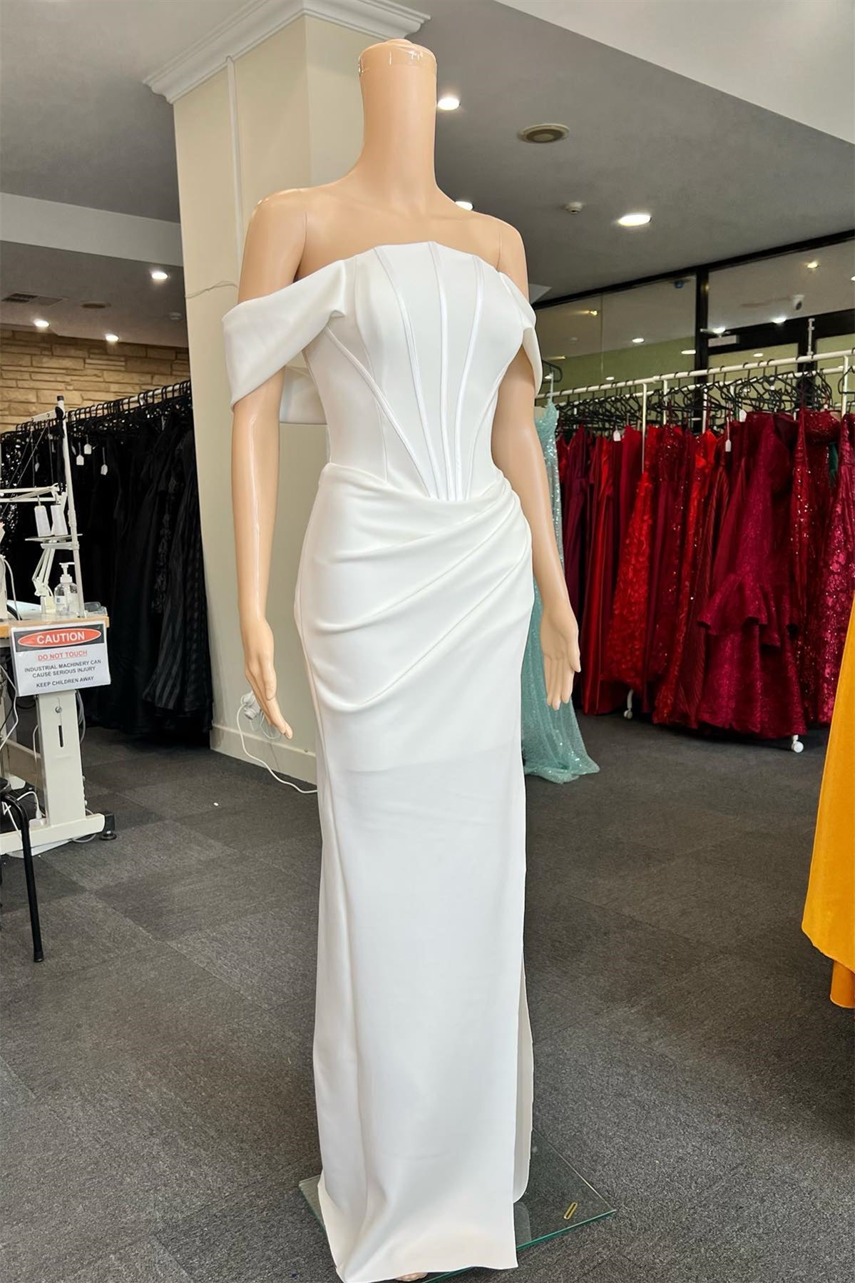 White Off-The-Shoulder Mermaid Slit Prom Dress With Pleated Detail