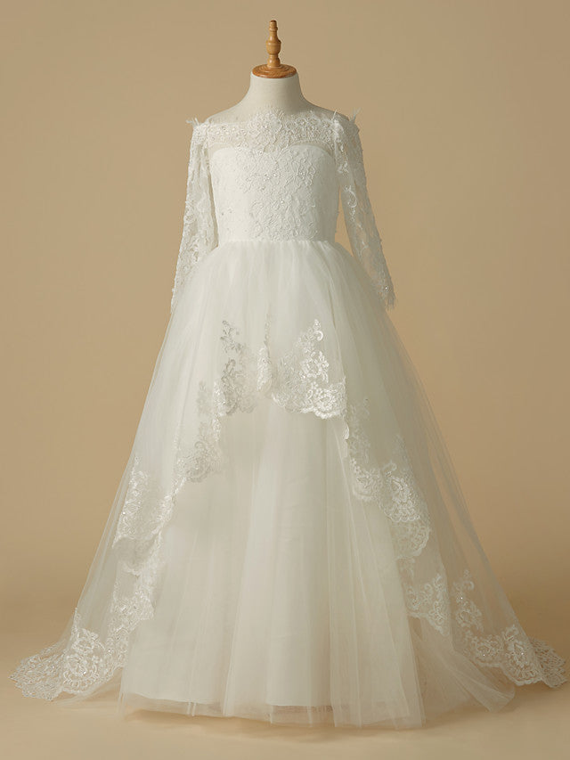 A-Line Half Sleeve Bateau Neck Flower Girl Dress with Beaded Lace Tulle Appliques
