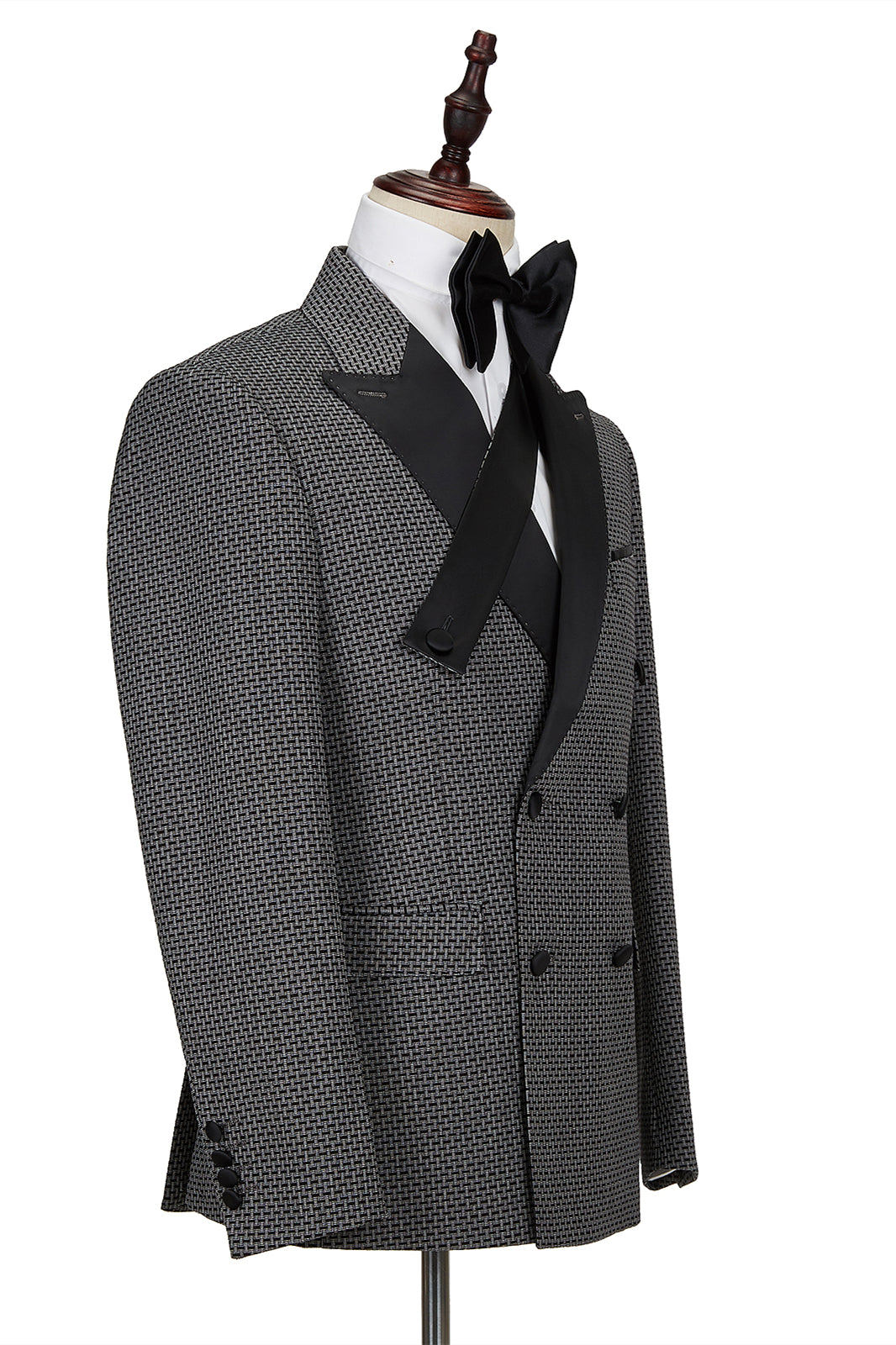 Modern Black-and-Gray Cruciform Satin Peak Lapel Double Breasted Men's Formal Suit