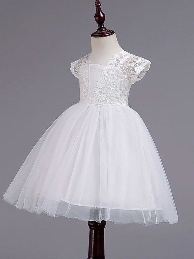 Cap Sleeve Square Neck Flower Girl Dress with Lace Tulle Cotton and Lace Belt