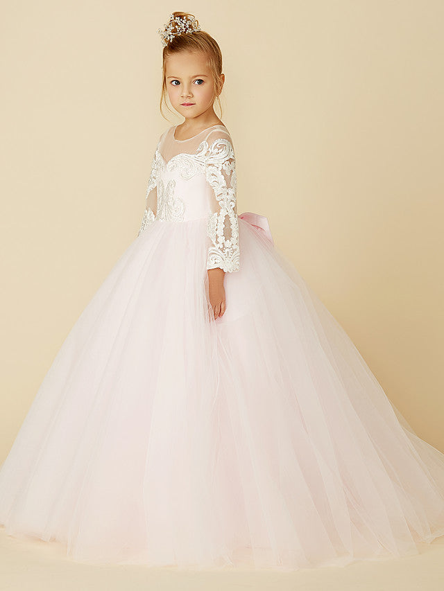 Ball Gown Long Sleeve Illusion Neck Flower Girl Dress with Lace Tulle Bows and Buttons