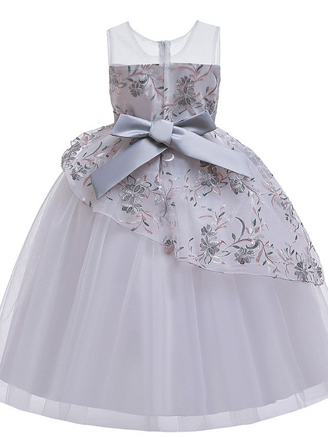 Gorgeous Sleeveless Ball Gown Flower Girl Dress with Tulle Sash Ribbon and Embroidered Bow