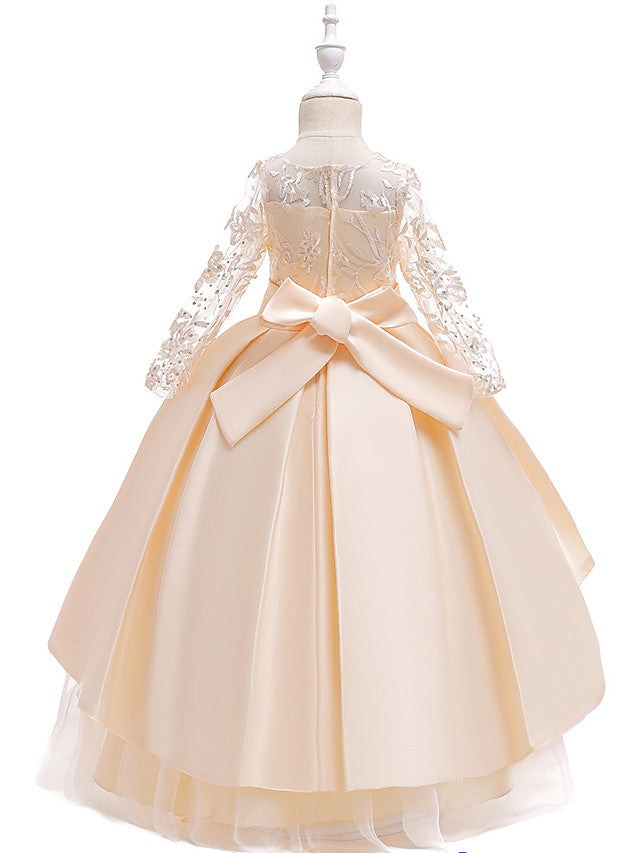 A-Line 3/4 Length Sleeve Jewel Neck Cotton Lace Ball Gown Flower Girl Dresses With Lace Sash Ribbon Pleats