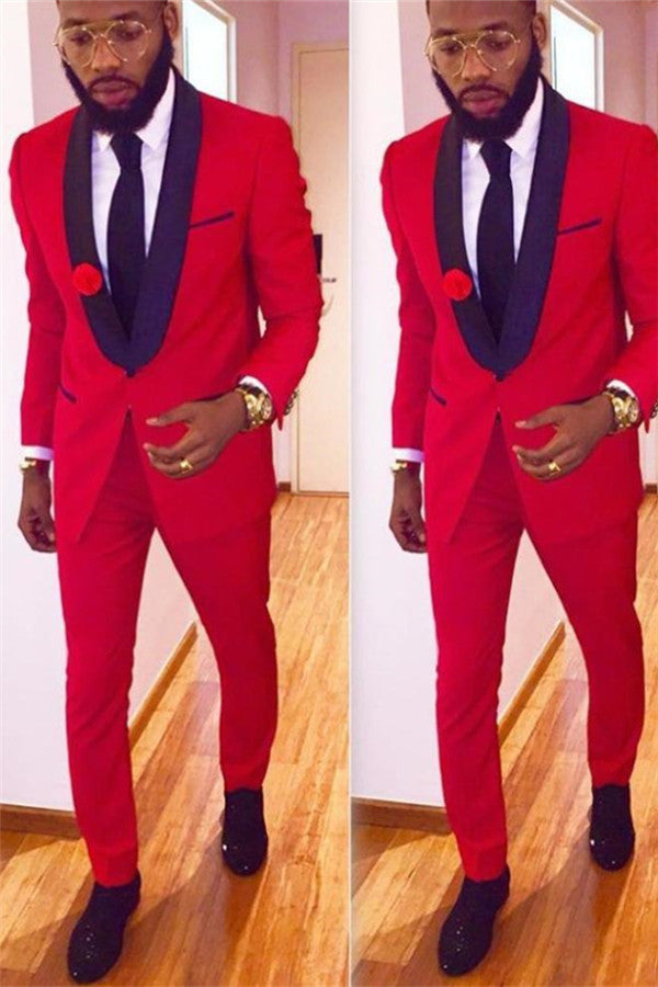 Red One Button Tuxedo Wedding Two Pieces with Shawl Collar