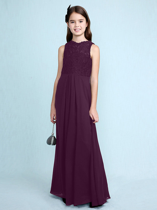 Sheath Column Scoop Neck Floor Length Chiffon & Lace Junior Bridesmaid Dress