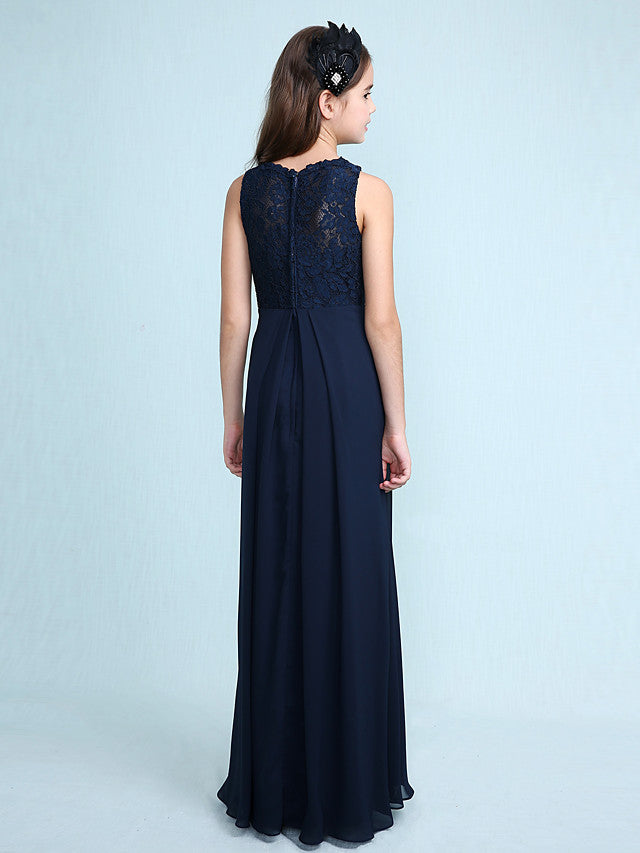 Sheath Column Scoop Neck Floor Length Chiffon & Lace Junior Bridesmaid Dress
