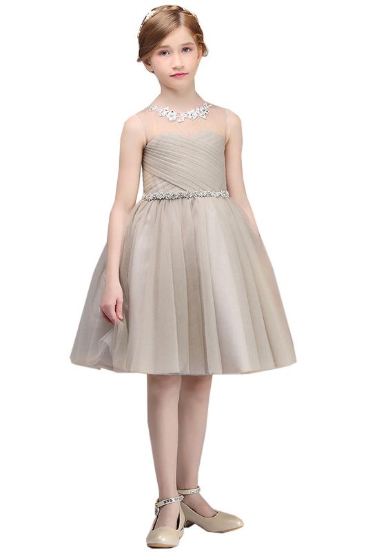 Tulle Flower Girl Dress with Beadings for Illussion Neck Sleeveless