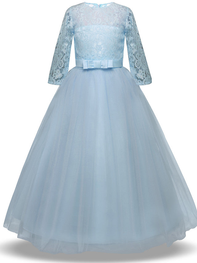 Half Sleeve Jewel Long Length Flower Girl Dress with Lace Tulle and Lace Belt Bow