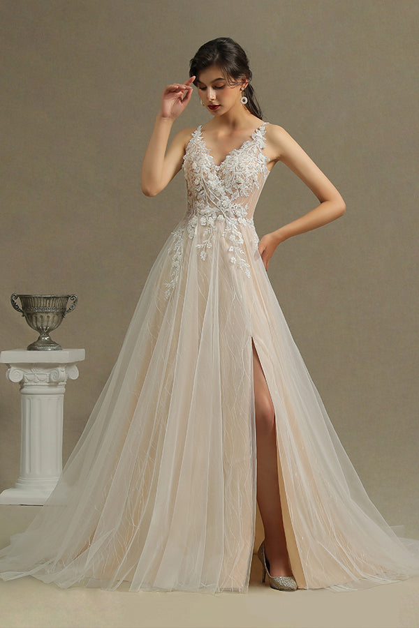 A-line Wedding Dress with Straps Floral Appliques & Split Backless