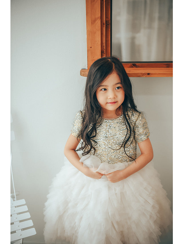 Short Sleeve Jewel Neck Flower Girl Dresses with Tulle & Paillette Sequins