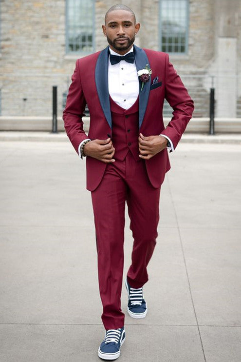 Stylish Burgundy Slim Fit Wedding Tuxedo with Black Shawl Lapel