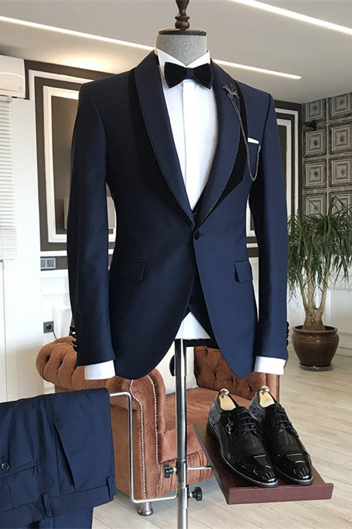 Tomas Navy Blue One Button Wedding Groom Suit with Shawl Lapel