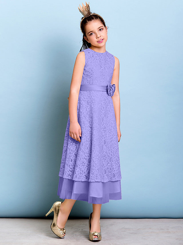 A-Line Jewel Neck Tea Length Floral Lace Junior Bridesmaid Dress with Sash & Accessories