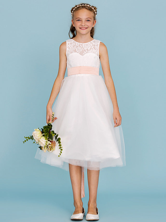 A-Line Crew Neck Tea Length Lace & Tulle Junior Bridesmaid Dress w/ Sash Ribbon Pleats for Weddings & Parties Open Back & See Through Design