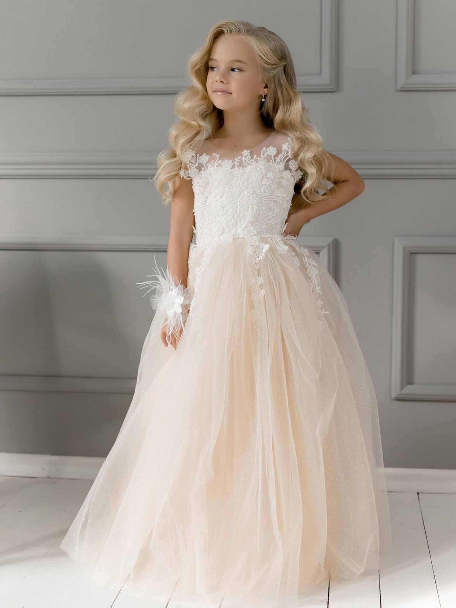 Simple A-Line Flower Girl Dress with Tulle Appliques Lace & Pearls