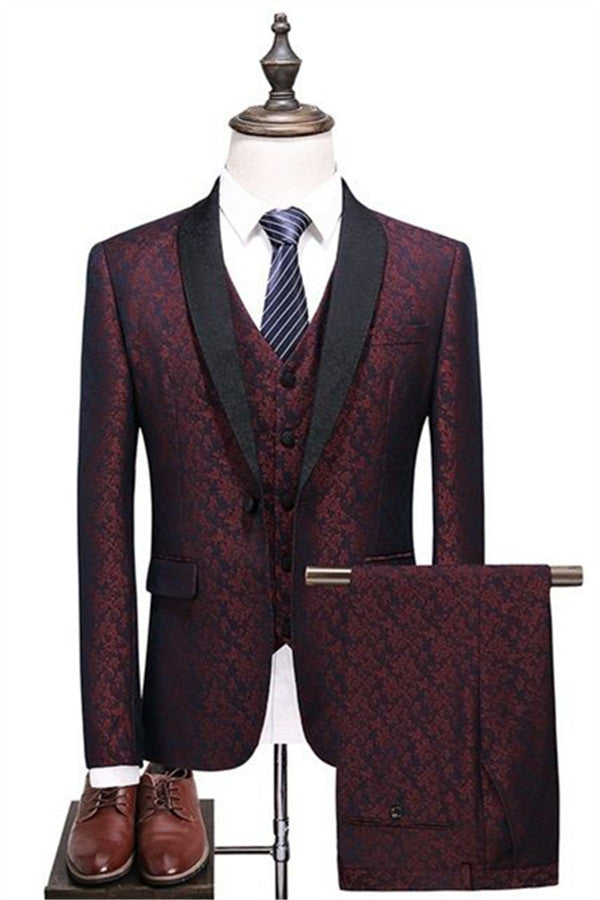 One Button Three Pieces Burgundy Check Design Slim Fit Suit