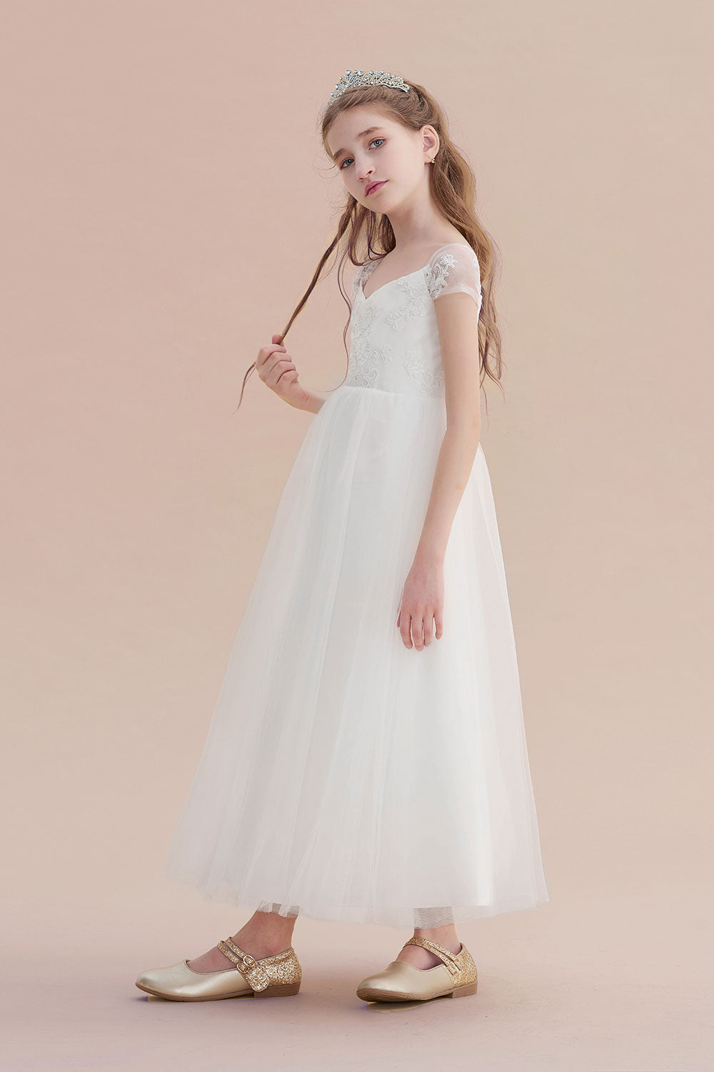 Cap Sleeve Sweetheart A-line Flower Girl Dress with Lace Ribbons and Tulle