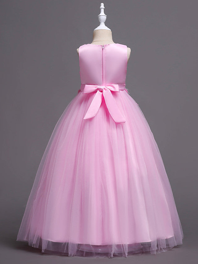Princess Lace Print Tulle Sleeveless Floor Length Flower Girl Dresses