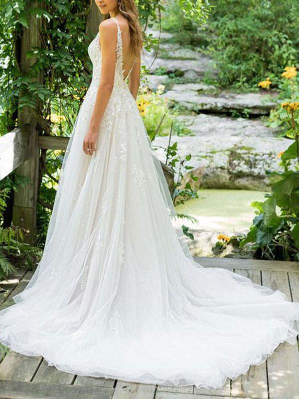 Tulle Lace Sleeveless Beach Wedding Dress