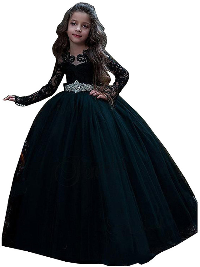 Lace Tulle Long Sleeve Jewel Ball Gown Flower Girl Dresses With Appliques
