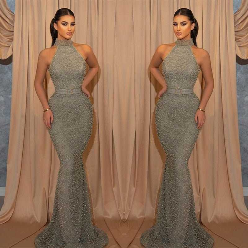 Mermaid Sleeveless Evening Dress with Sequins and Belt Halter - Shop Online