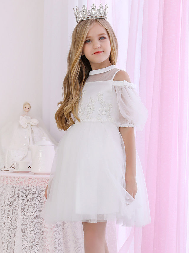 Halter Neck 3/4 Length Sleeve Satin Ball Gown with Beadings and Appliques for Flower Girl