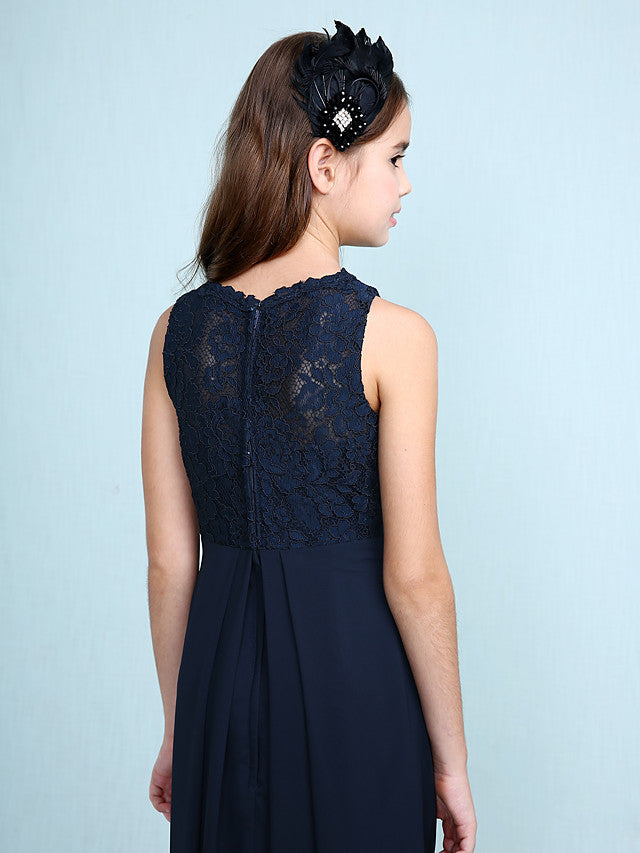 Sheath Column Scoop Neck Floor Length Chiffon & Lace Junior Bridesmaid Dress