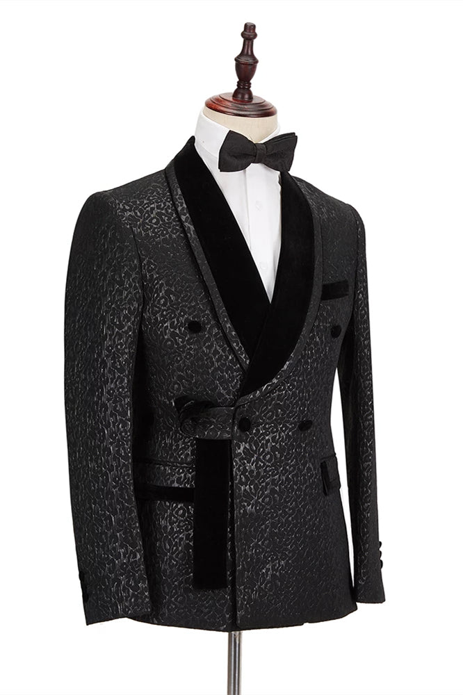Classic Black Jacquard Velvet Lapel Belt Leopard Double Breasted Bazer for Groom