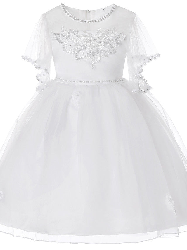 Princess Midi Dress for Weddings & Birthdays: Satin Tulle Jewel Neck with Bow(s) Pearls & Beading