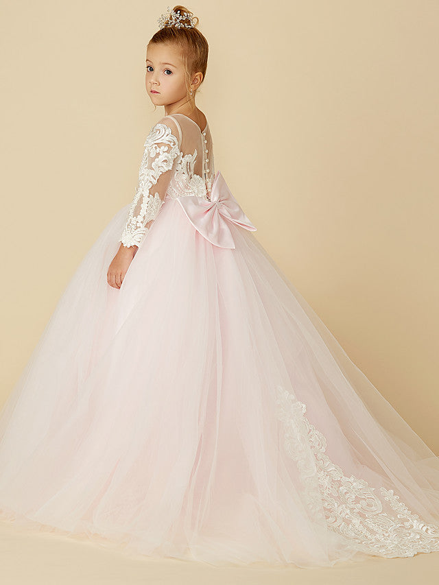 Ball Gown Long Sleeve Illusion Neck Flower Girl Dress with Lace Tulle Bows and Buttons