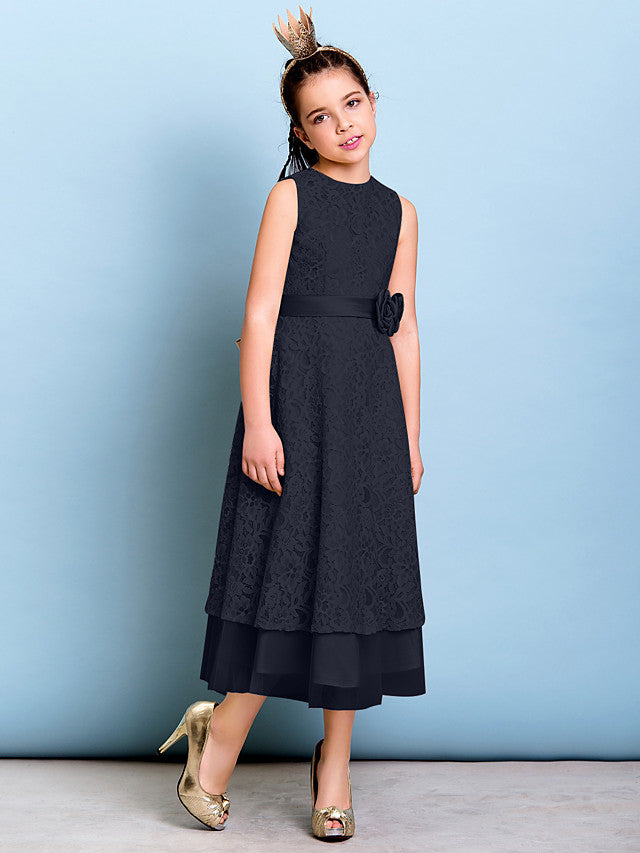 A-Line Jewel Neck Tea Length Floral Lace Junior Bridesmaid Dress with Sash & Accessories